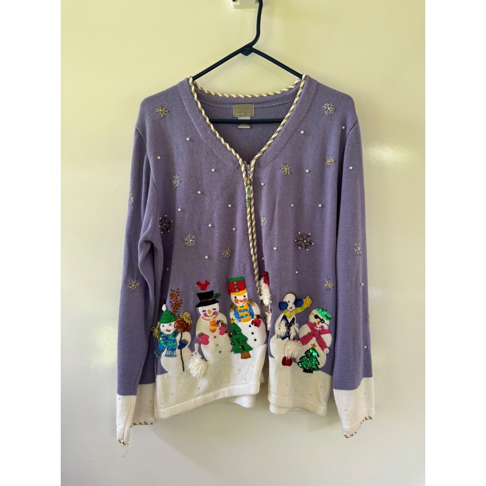 Berek Womens‎ Snowman Christmas Sweater Cardigan Purple Embellished Zip Up Large